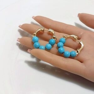 Beaded Turquoise Gold Hoop Earrings